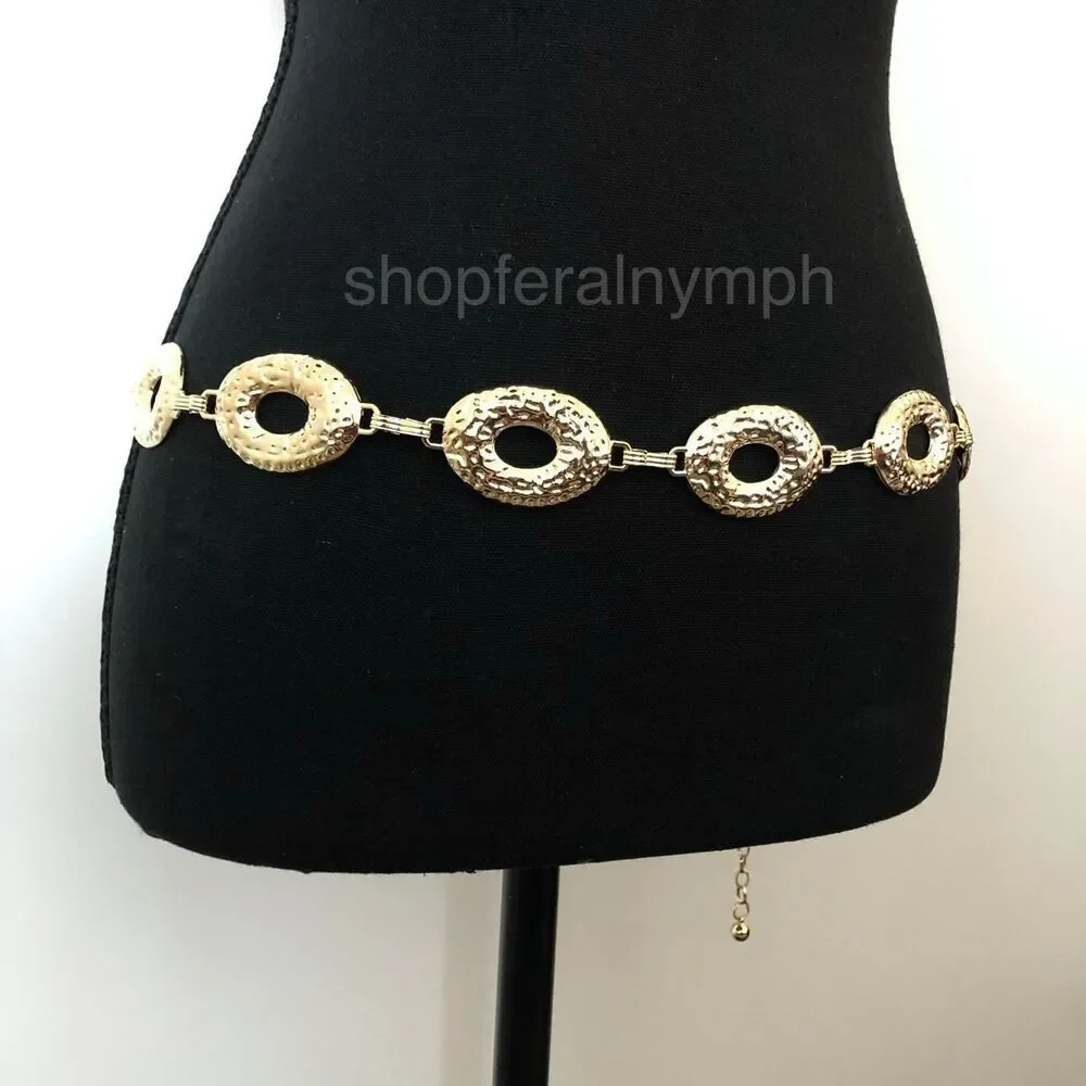 Vintage Y2K Boho Gold Hammered Open Oval Chain Belt, Up to 42.5 Inches, X7GA1146